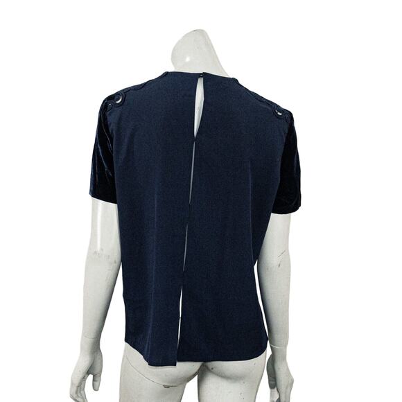 Sandro Paris Navy Short Sleeve Blouse Velvet trim Women's Size 2 - Picture 2 of 7